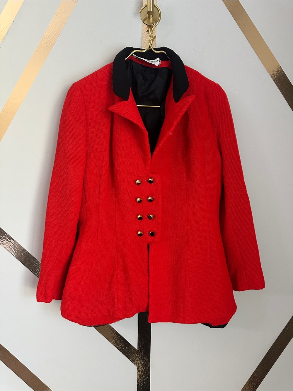 Saks Fifth Avenue Red Double-Breasted Textured Jacket with Black Collar